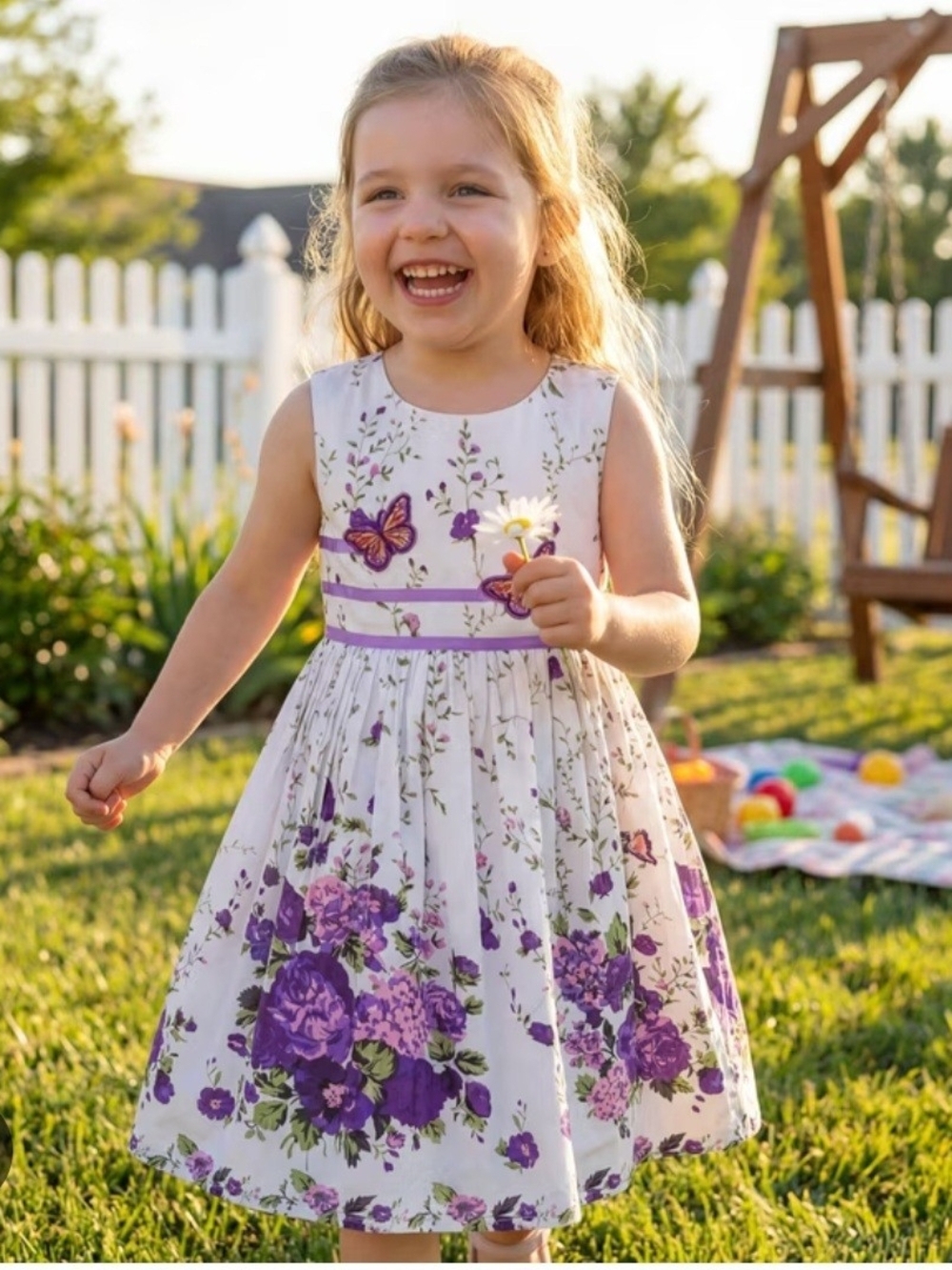 Sunny Fashion Girls' White & Purple Floral Party Dress. Size 7/8